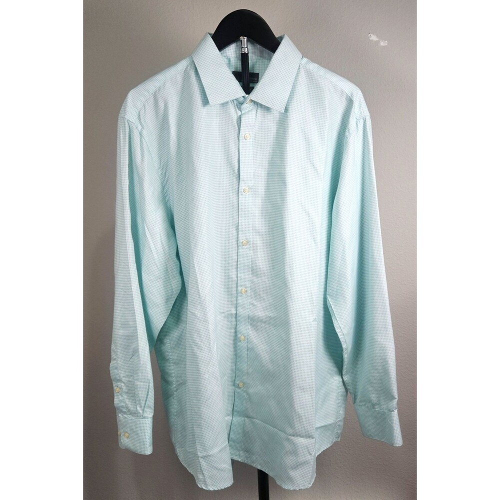 Black Label by Ruffini XL 17-17.5 Slim Fit Dress Shirt Aqua Check Button Front